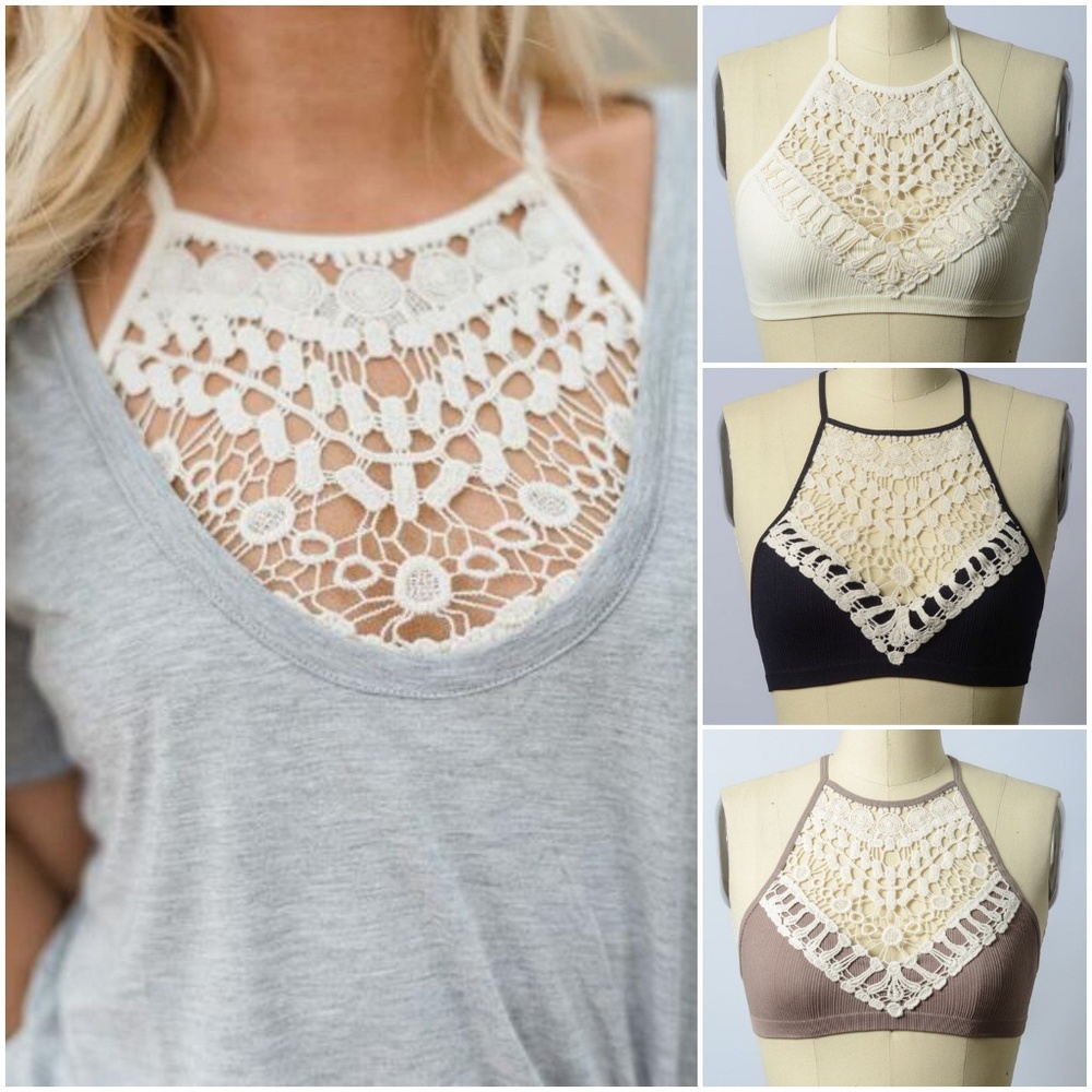 Crochet Lace High Neck Bralette - Black - Picture 6 of 8